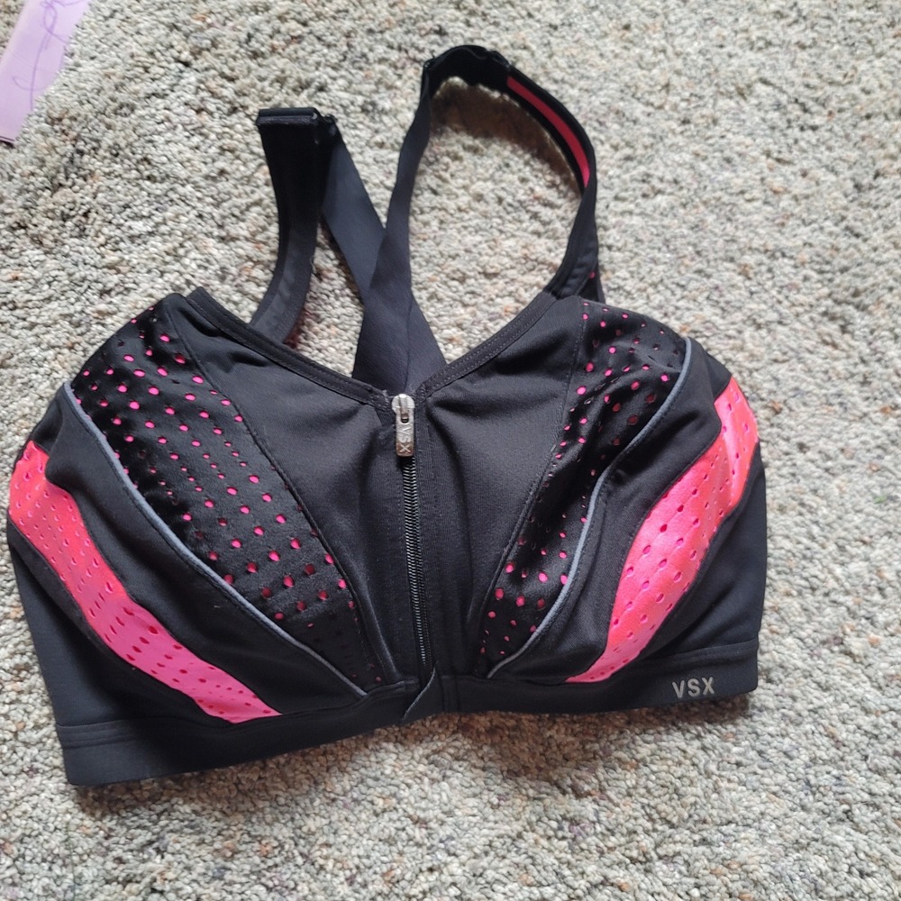 Victoria's Secret VSX Sport Front Zip Bra Black Pink High Impact Racerback 34C